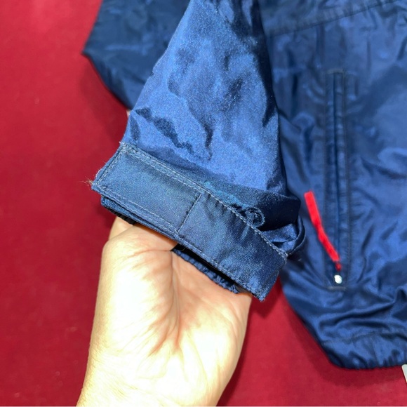 LL Bean BLUE NYLON red Rain Wind Jacket Full Zip COAT Hood vented Windbreaker Lg - Picture 13 of 16